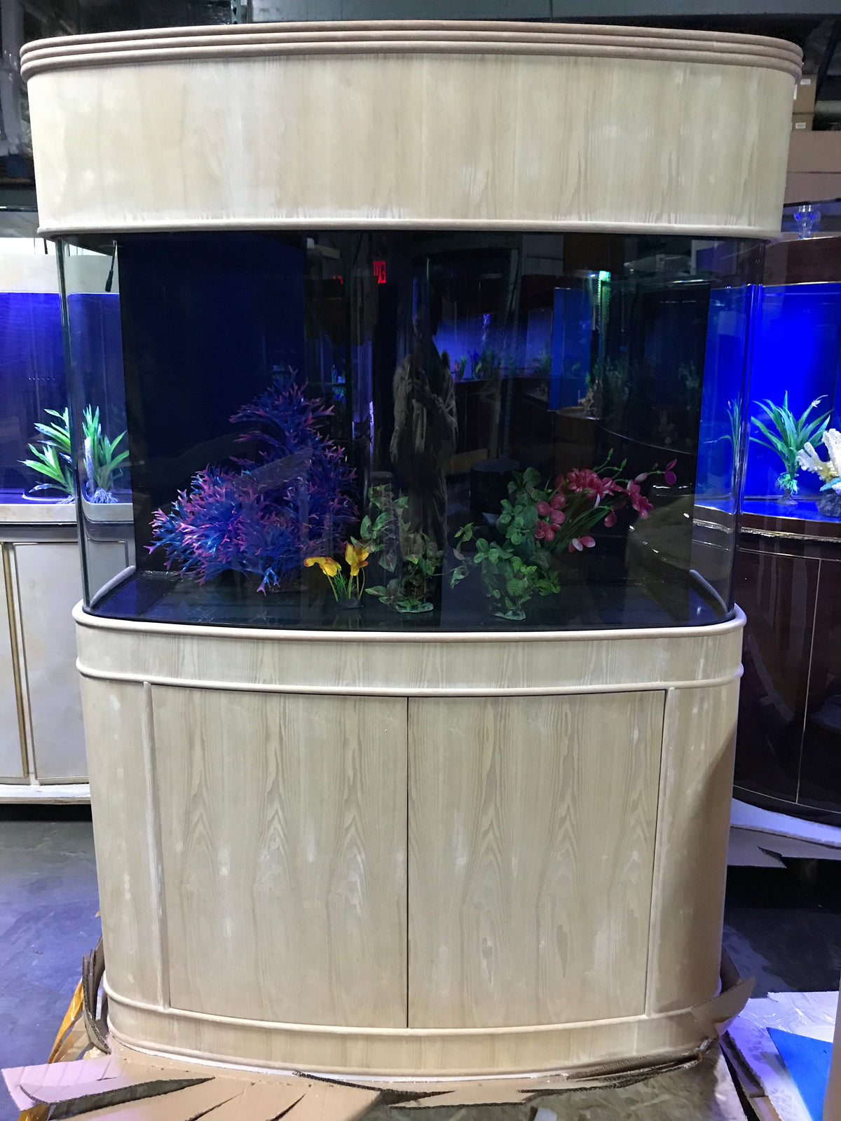 140 Gallon Seamless Glass Bowfront Aquarium Reef-Ready with Unstained Cabinet and Canopy Real Wood