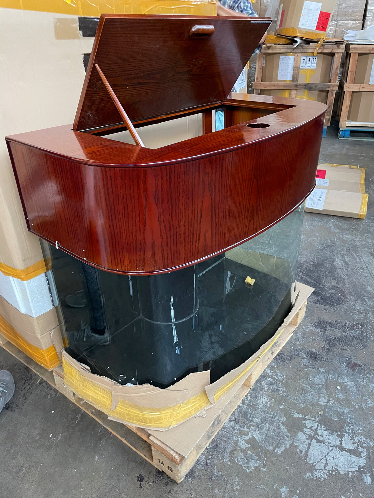 140 Gallon Seamless Glass Bowfront Aquarium Reef-Ready with Unstained Cabinet and Canopy Real Wood
