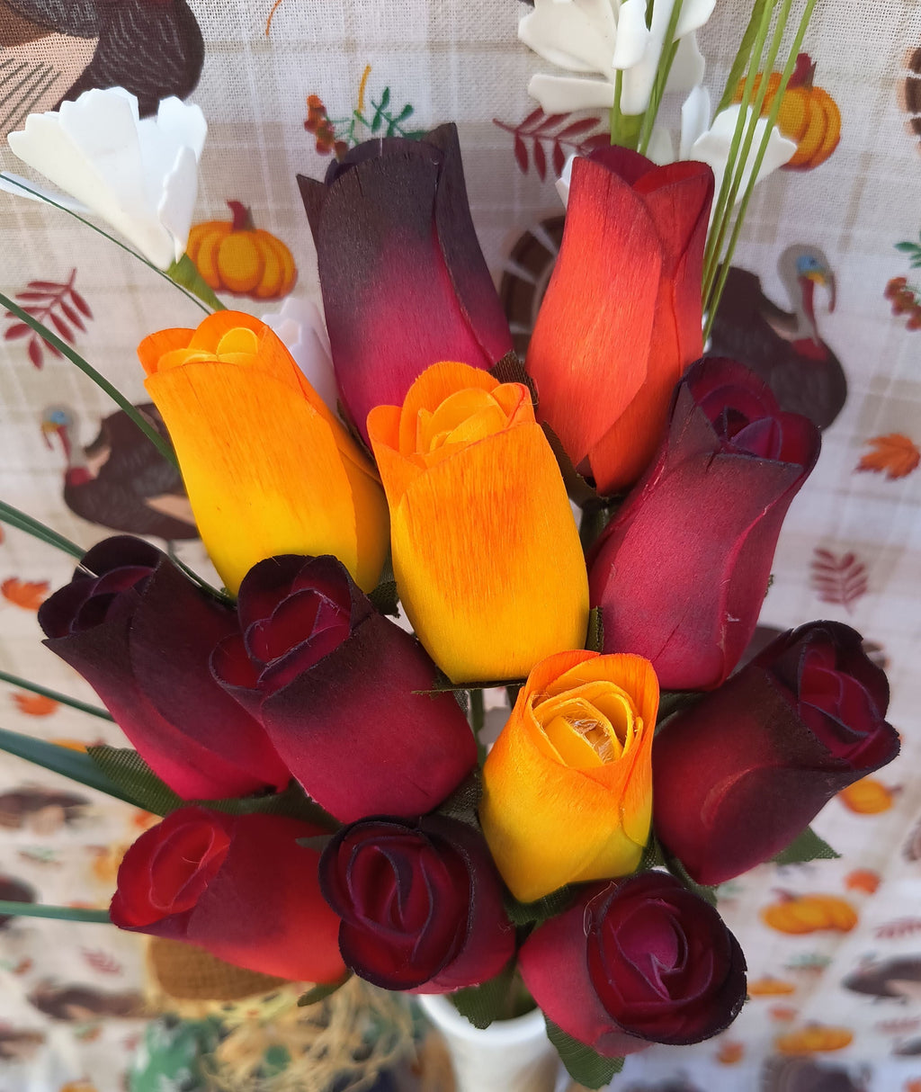 Dark Fall Harvest Wooden Rose Bouquet – Yellows, Oranges & Reds