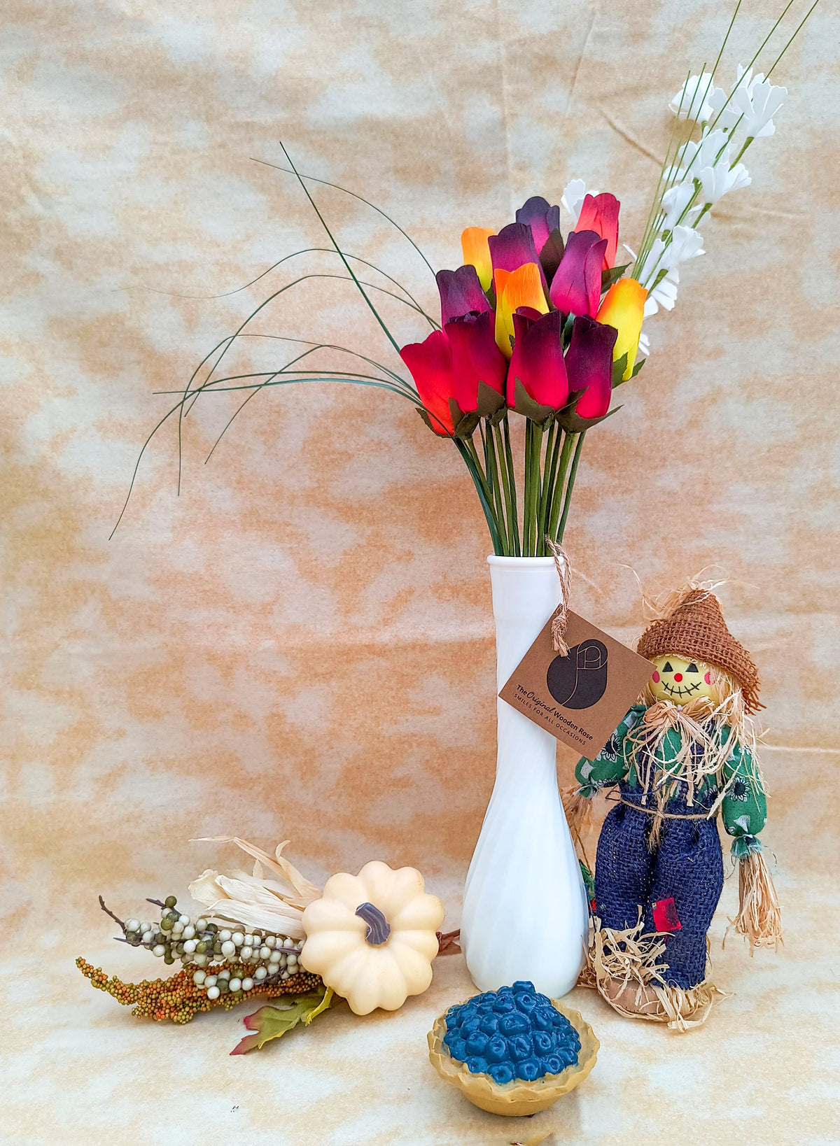 Dark Fall Harvest Wooden Rose Bouquet – Yellows, Oranges & Reds
