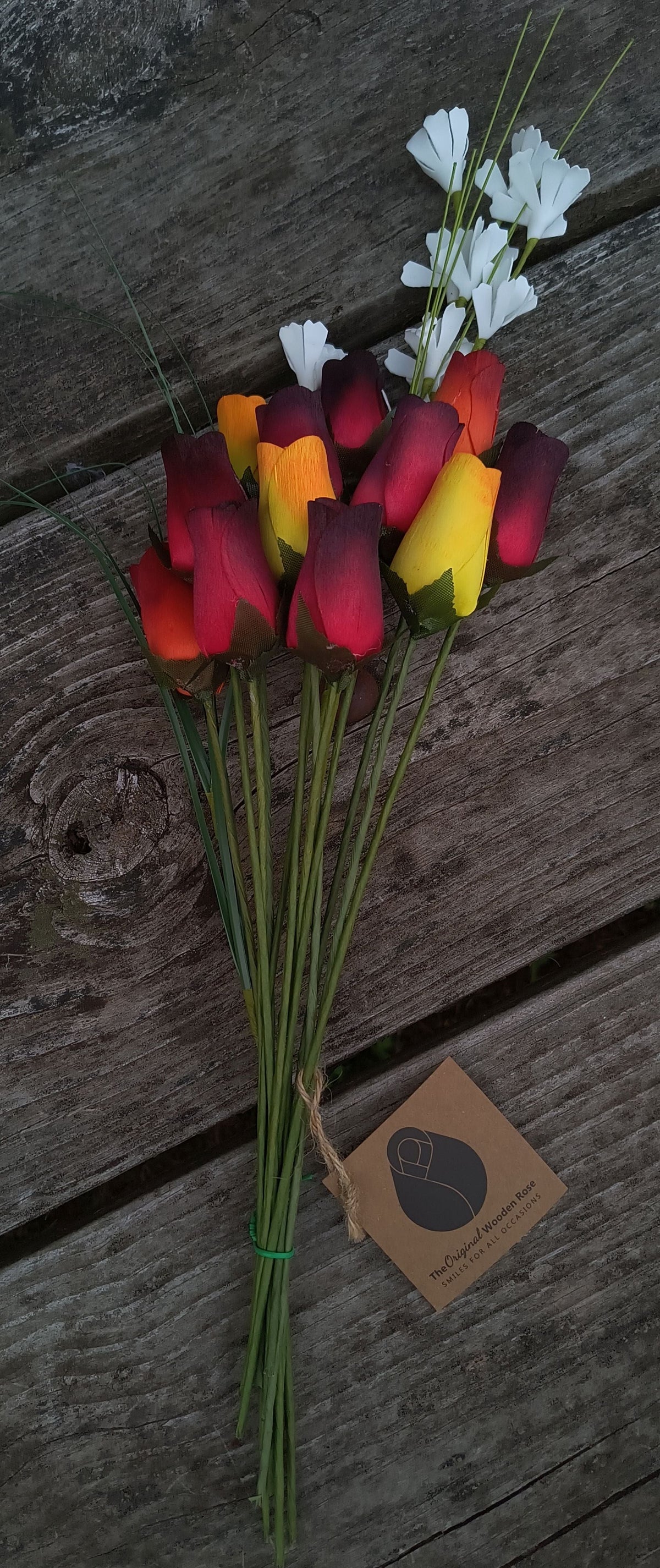 Dark Fall Harvest Wooden Rose Bouquet – Yellows, Oranges & Reds