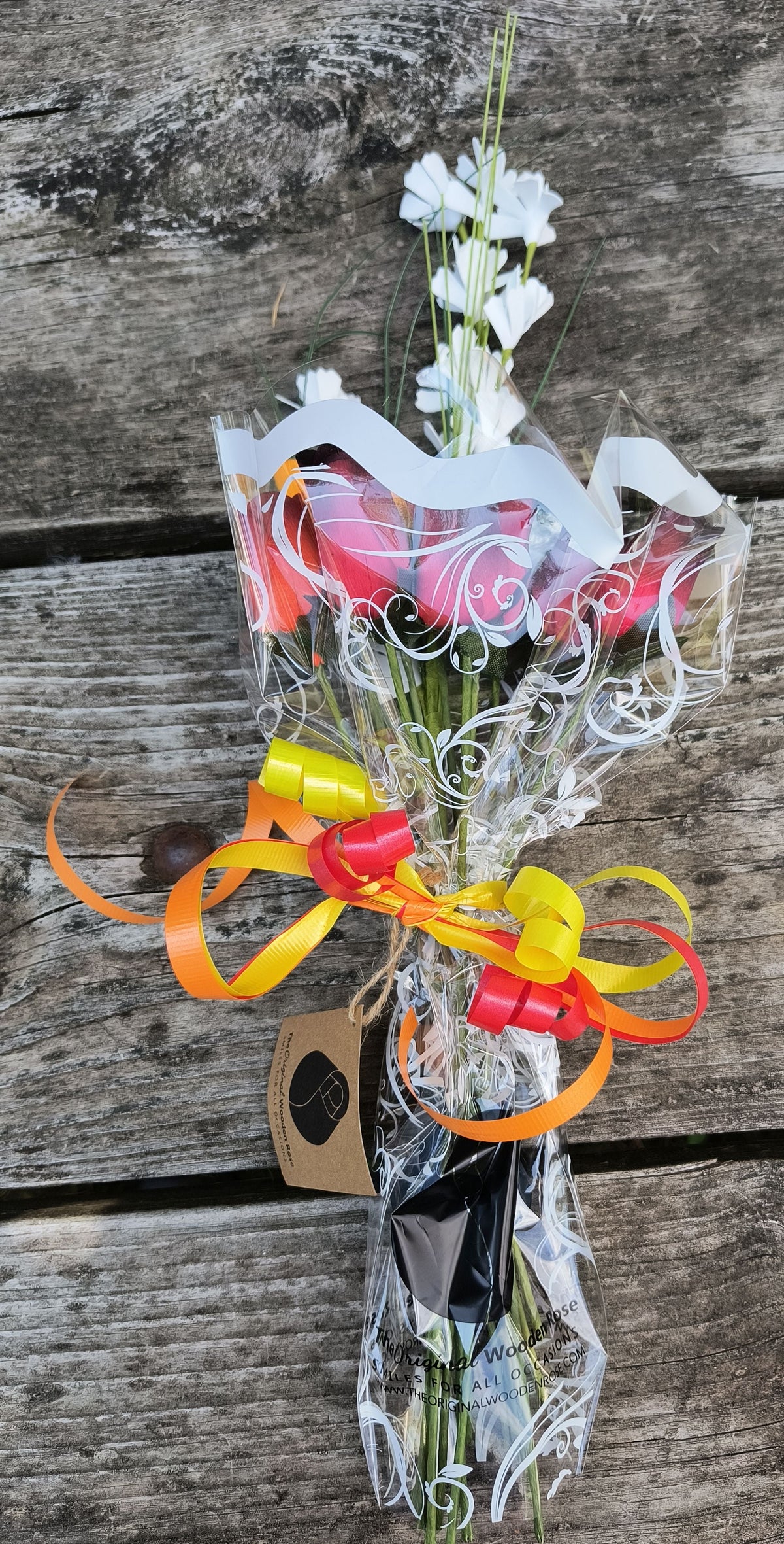 Dark Fall Harvest Wooden Rose Bouquet – Yellows, Oranges & Reds