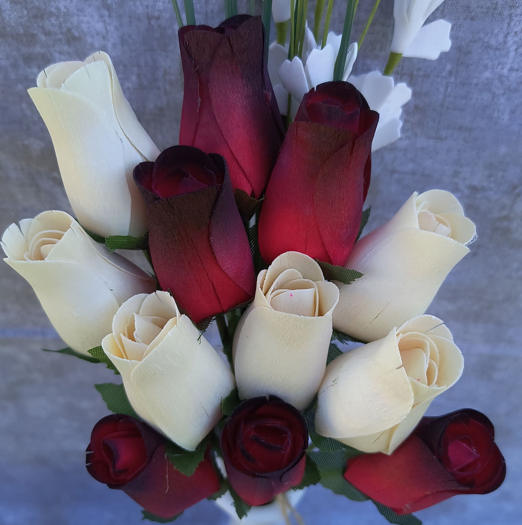 Everyday Wooden Rose Bouquet – Red, Black-Tipped & White