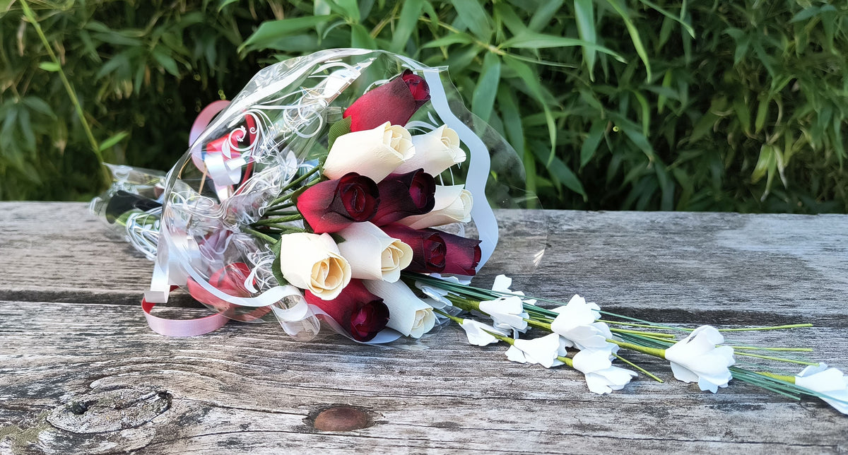 Everyday Wooden Rose Bouquet – Red, Black-Tipped & White