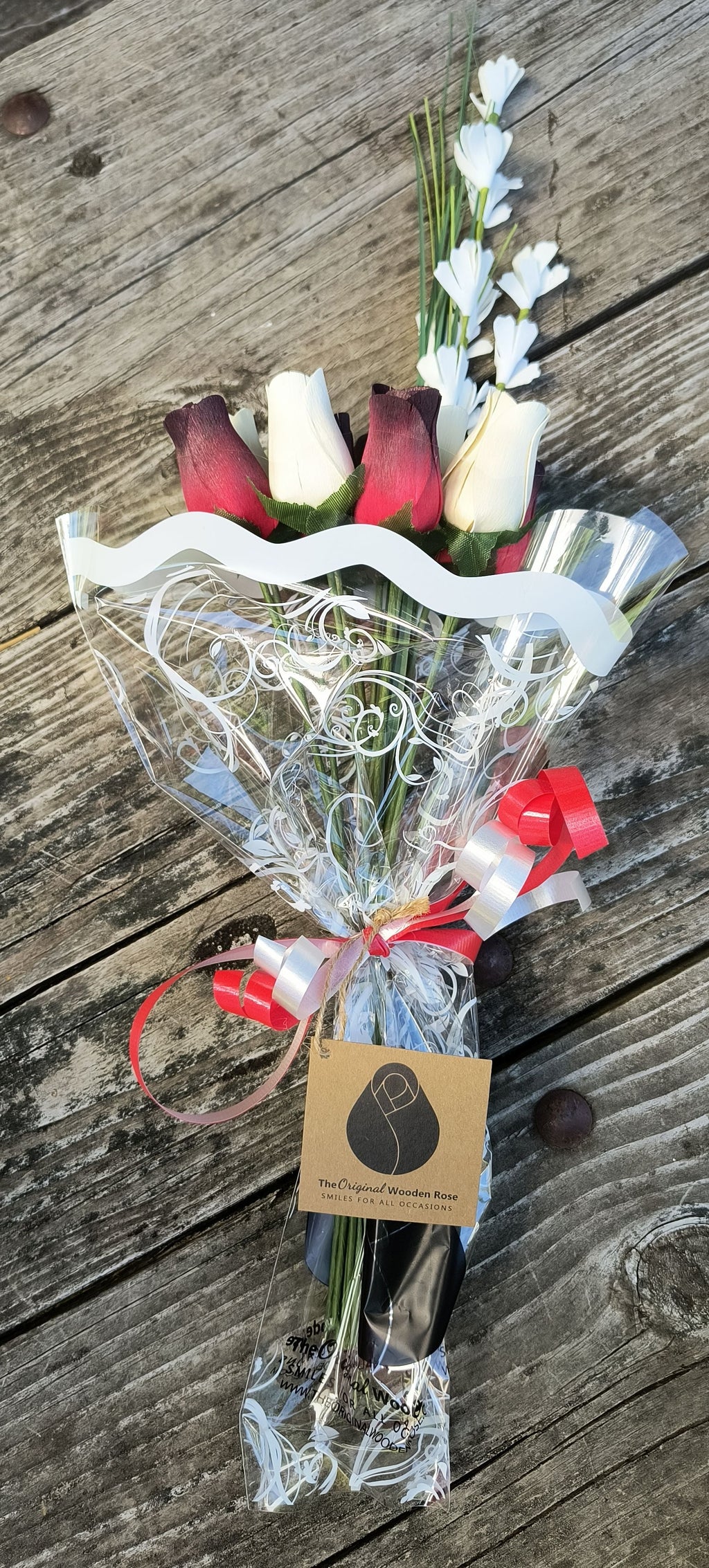 Everyday Wooden Rose Bouquet – Red, Black-Tipped & White