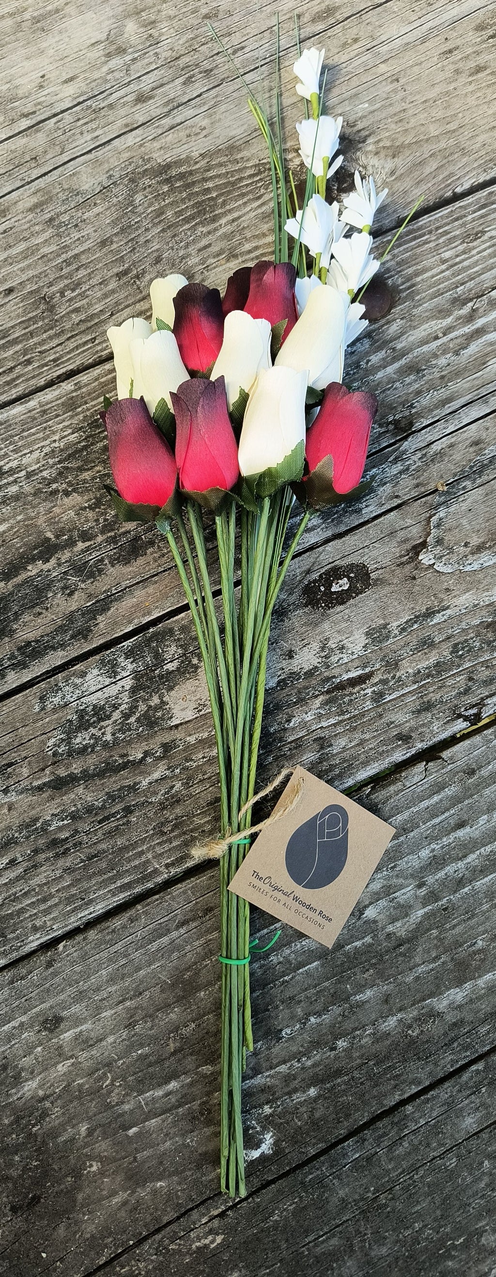 Everyday Wooden Rose Bouquet – Red, Black-Tipped & White