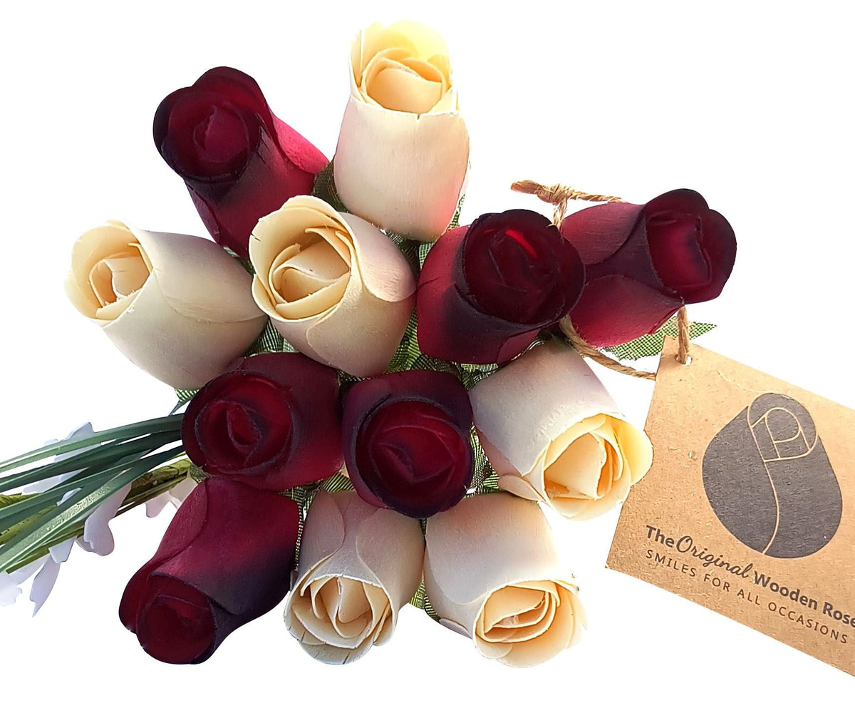 Everyday Wooden Rose Bouquet – Red, Black-Tipped & White