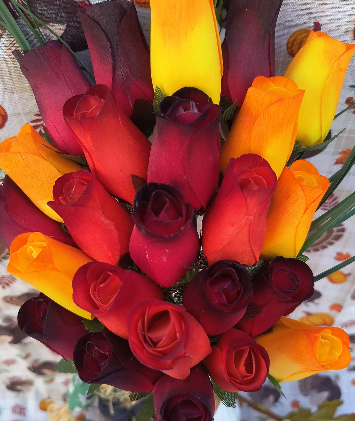 Dark Fall Harvest Wooden Rose Bouquet – Yellows, Oranges & Reds