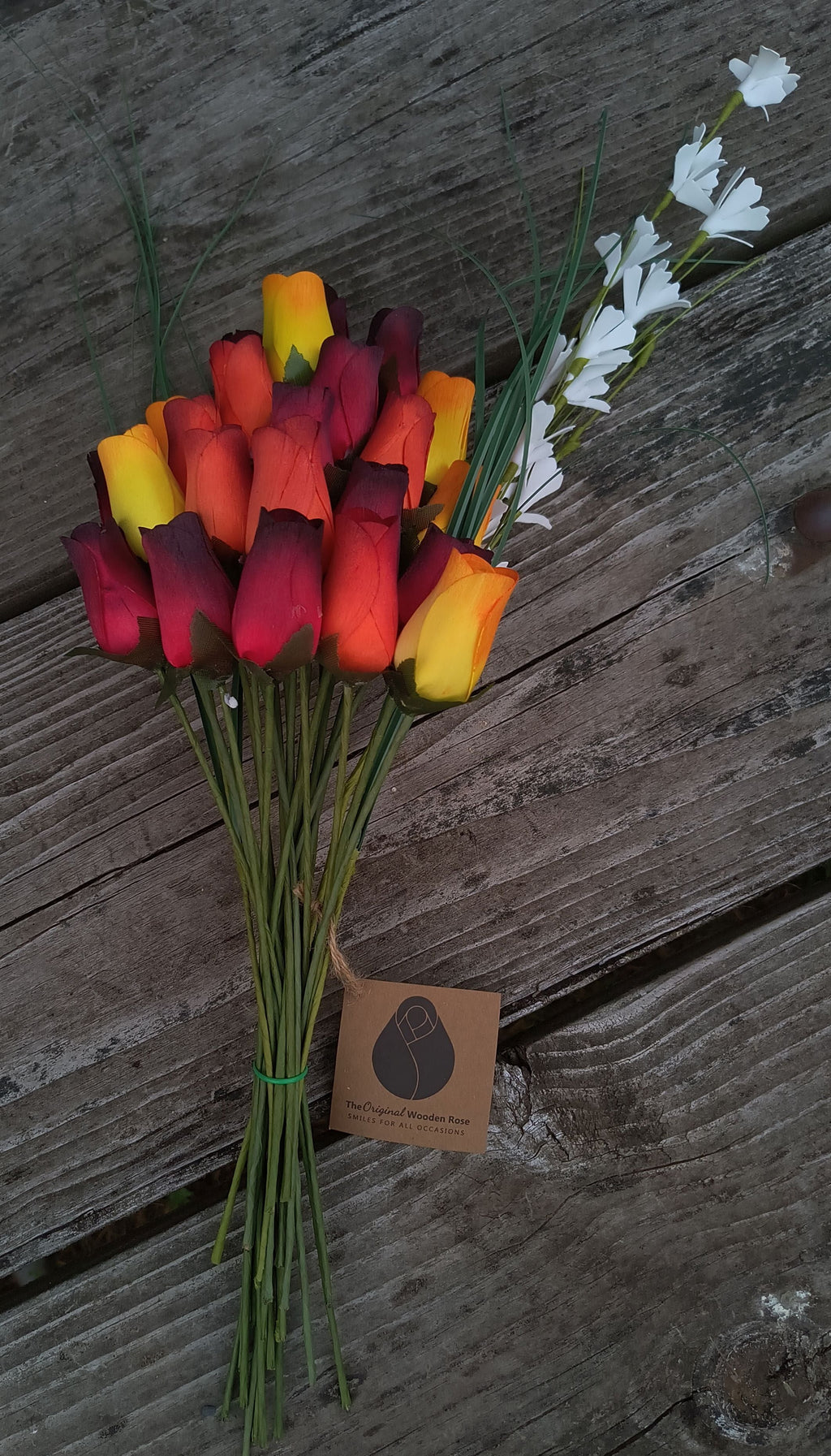 Dark Fall Harvest Wooden Rose Bouquet – Yellows, Oranges & Reds