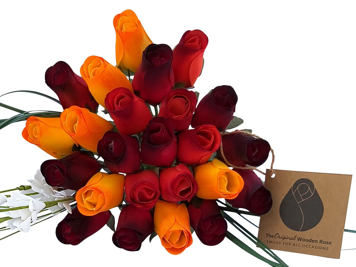 Dark Fall Harvest Wooden Rose Bouquet – Yellows, Oranges & Reds