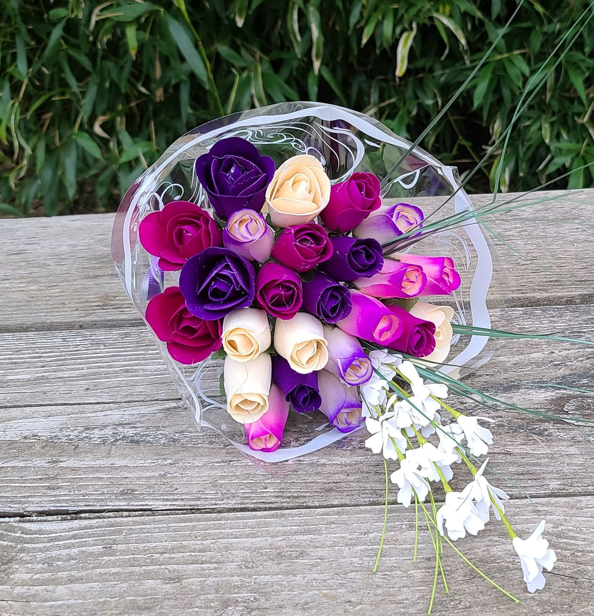 Deluxe Purple Dreams Wooden Rose Bouquet – Purples & White