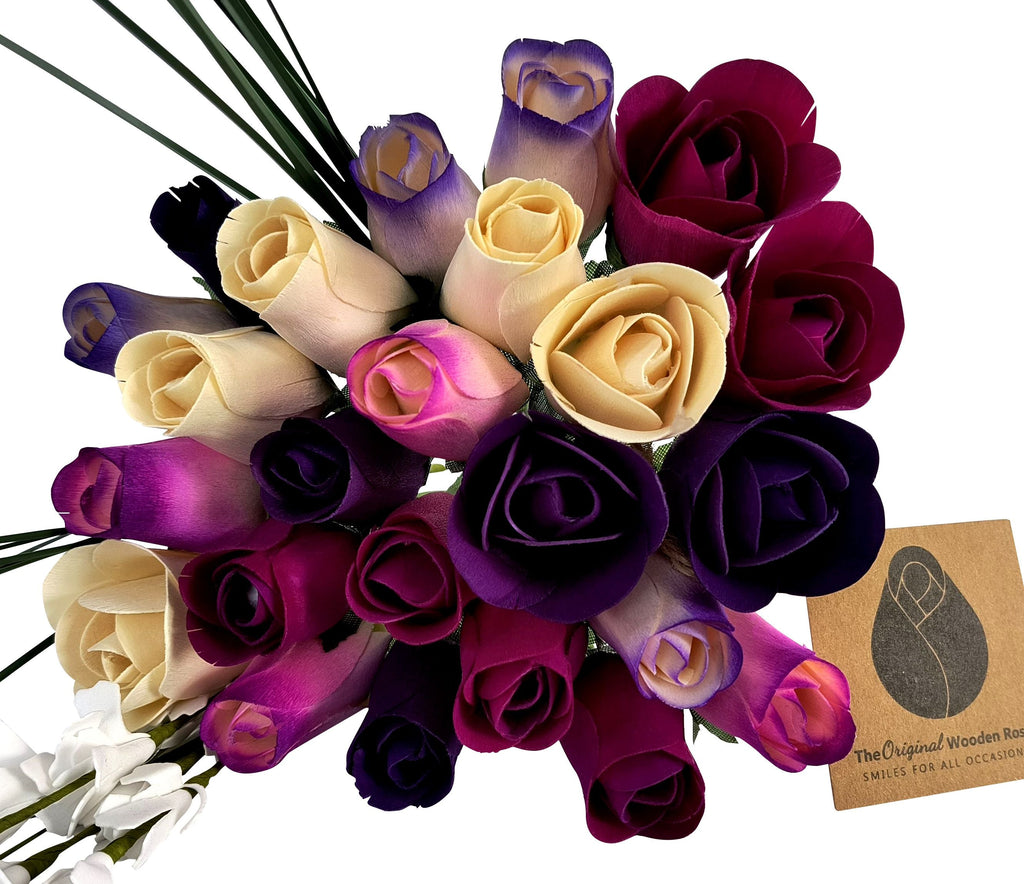 Deluxe Purple Dreams Wooden Rose Bouquet – Purples & White