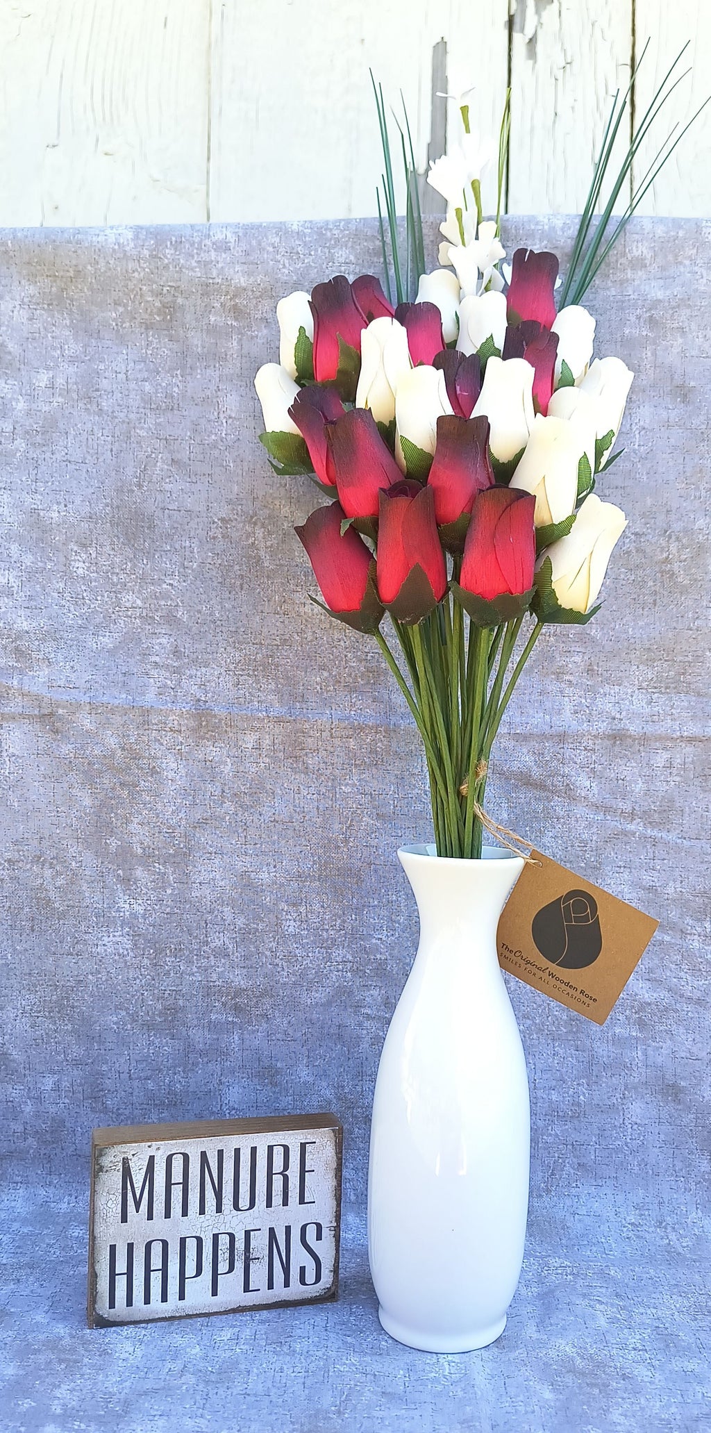 Everyday Wooden Rose Bouquet – Red, Black-Tipped & White