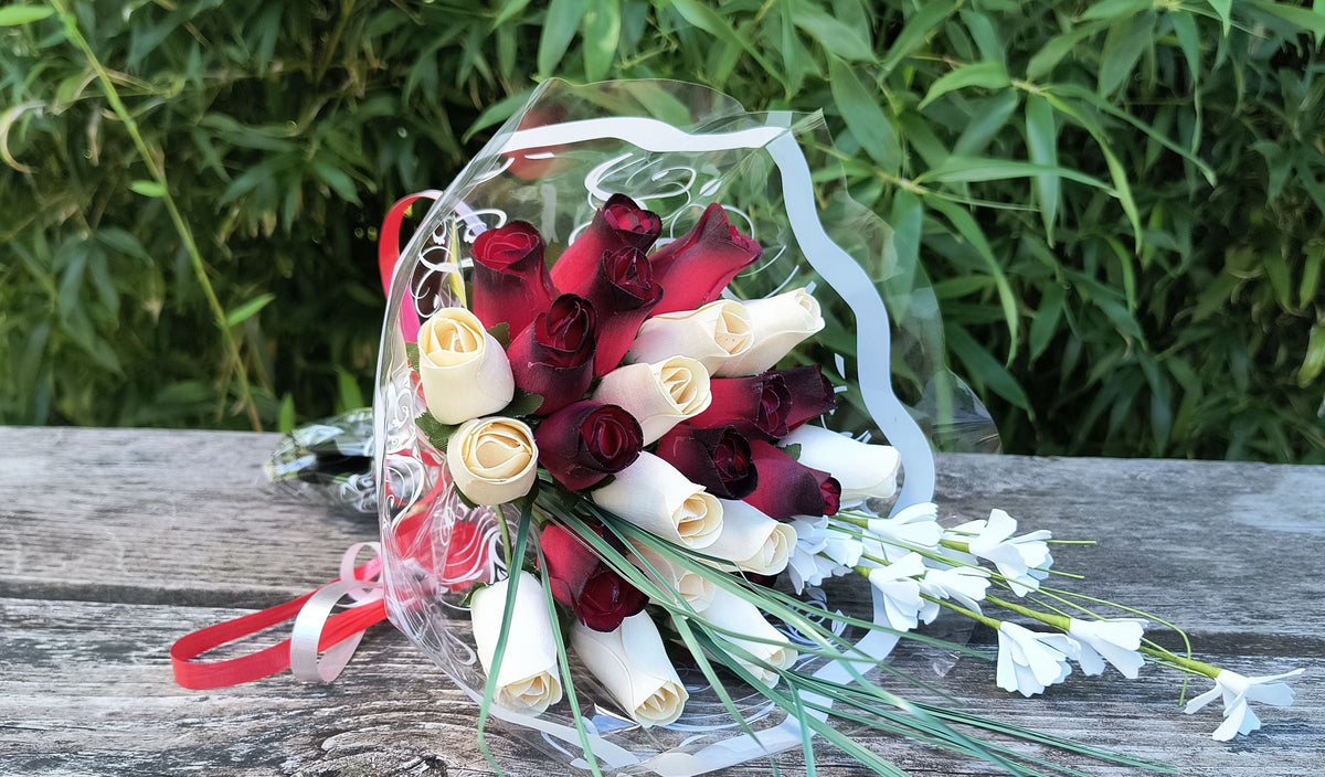 Everyday Wooden Rose Bouquet – Red, Black-Tipped & White