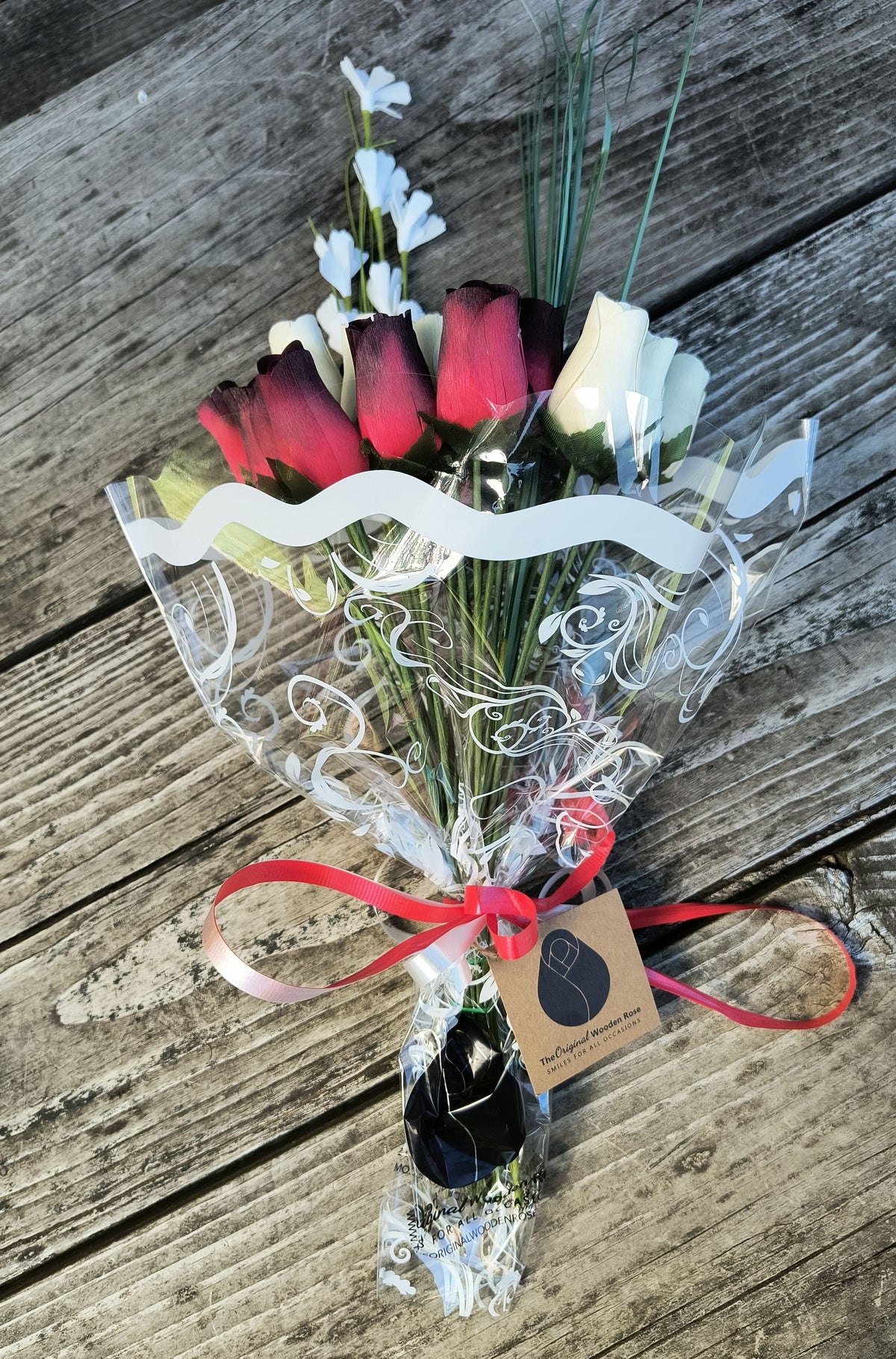 Everyday Wooden Rose Bouquet – Red, Black-Tipped & White