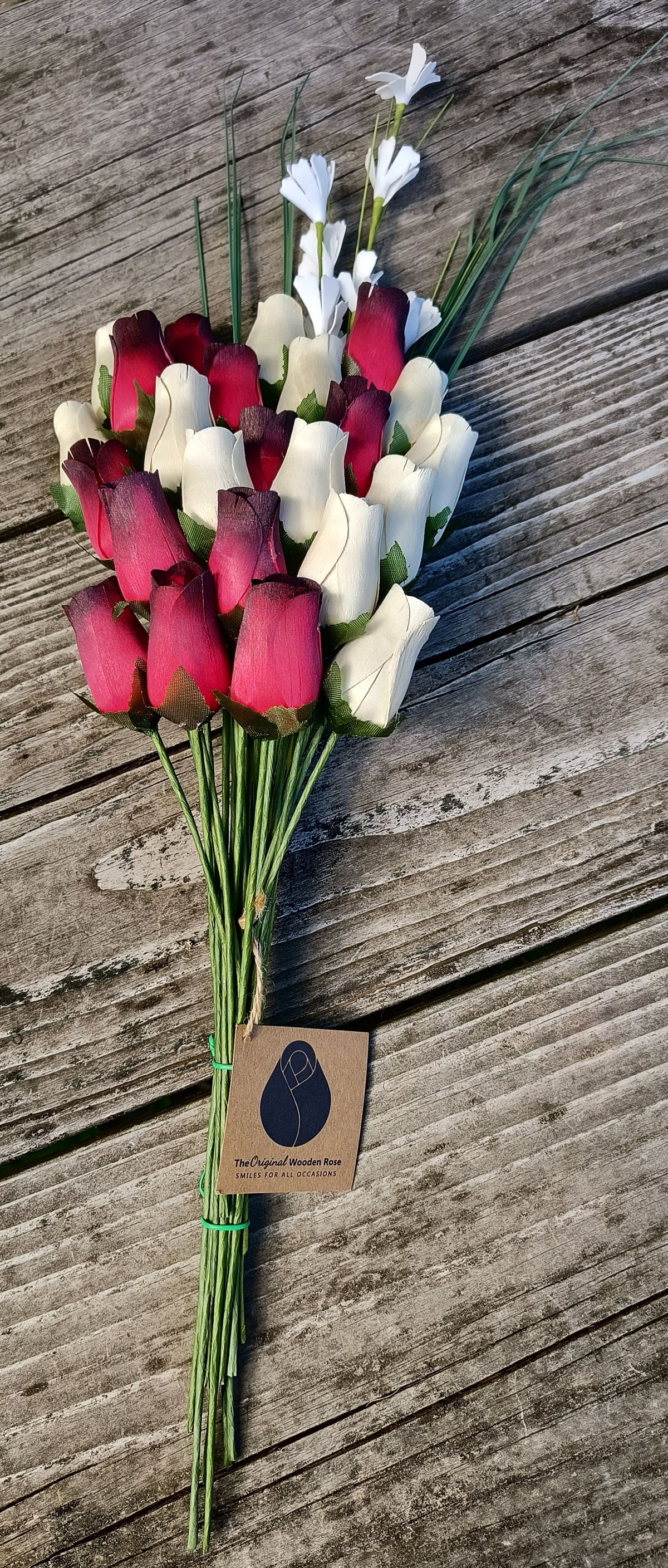Everyday Wooden Rose Bouquet – Red, Black-Tipped & White