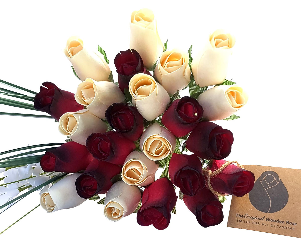 Everyday Wooden Rose Bouquet – Red, Black-Tipped & White
