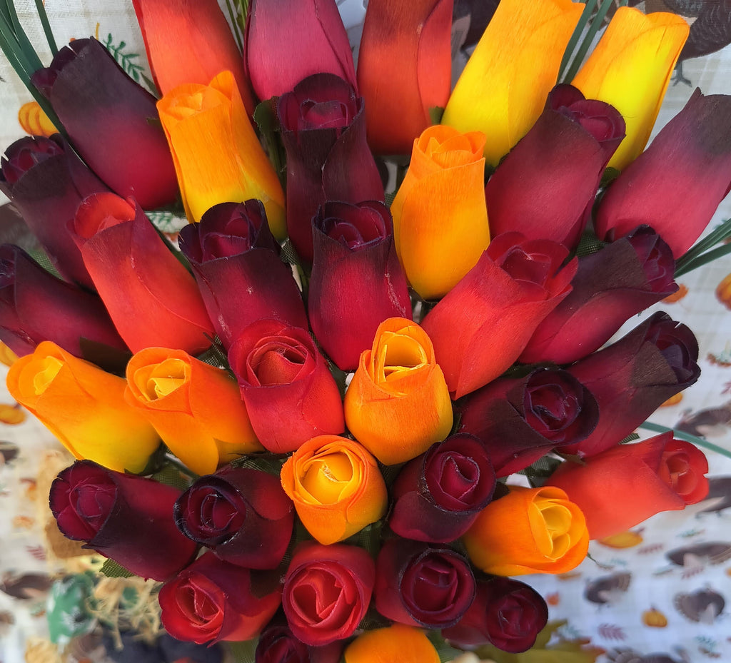 Dark Fall Harvest Wooden Rose Bouquet – Yellows, Oranges & Reds