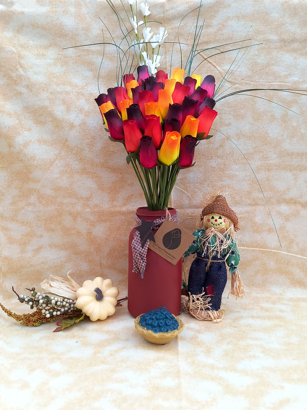 Dark Fall Harvest Wooden Rose Bouquet – Yellows, Oranges & Reds