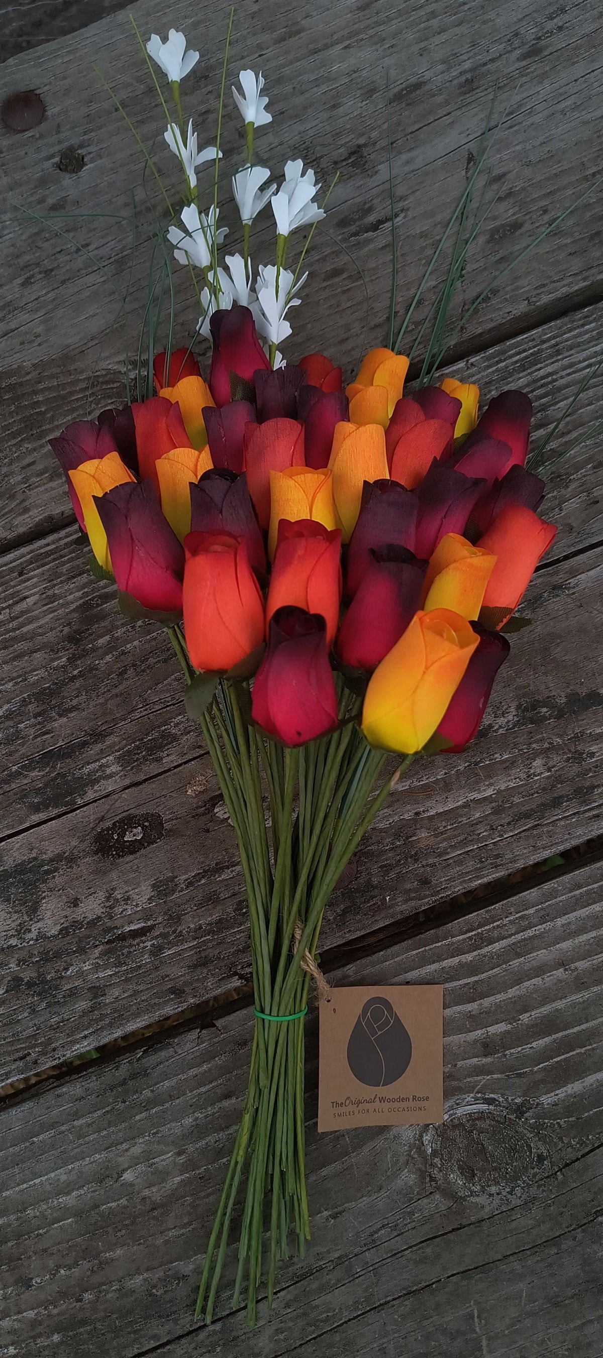 Dark Fall Harvest Wooden Rose Bouquet – Yellows, Oranges & Reds