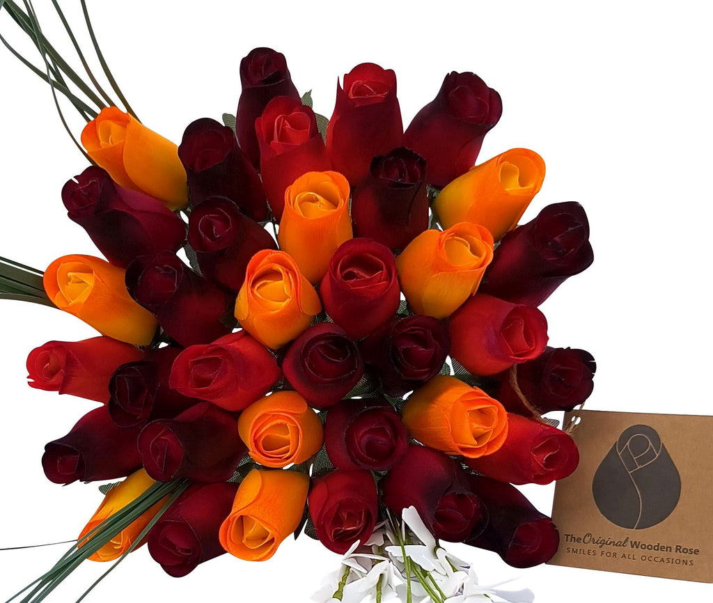 Dark Fall Harvest Wooden Rose Bouquet – Yellows, Oranges & Reds