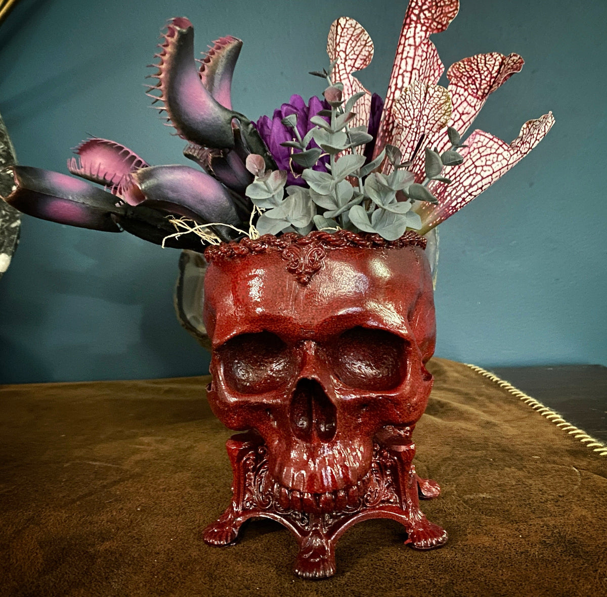 Human Skull Planter | Blood Red Finish