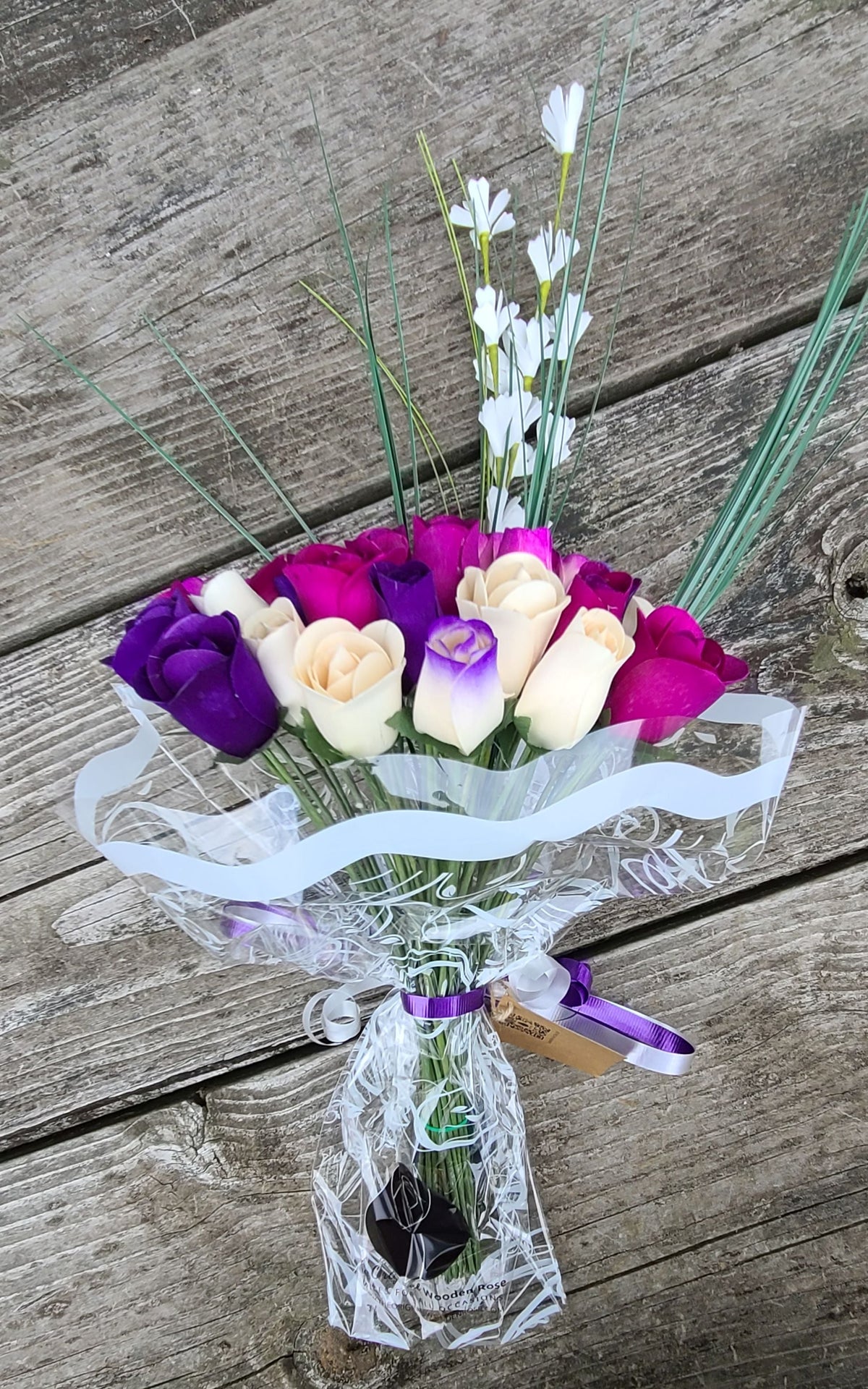 Deluxe Purple Dreams Wooden Rose Bouquet – Purples & White