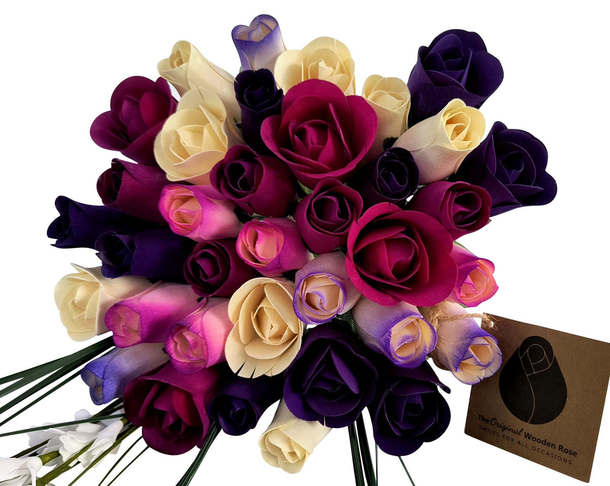 Deluxe Purple Dreams Wooden Rose Bouquet – Purples & White