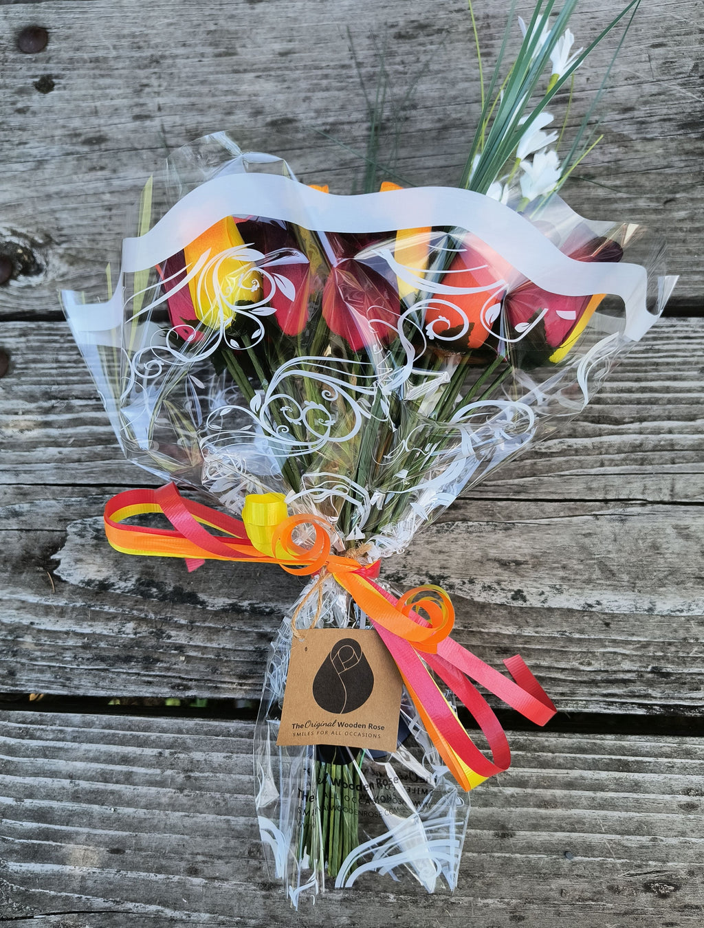 Dark Fall Harvest Wooden Rose Bouquet – Yellows, Oranges & Reds