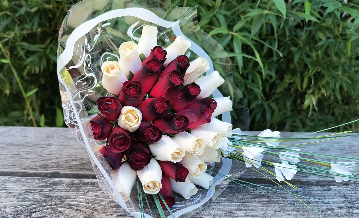 Everyday Wooden Rose Bouquet – Red, Black-Tipped & White
