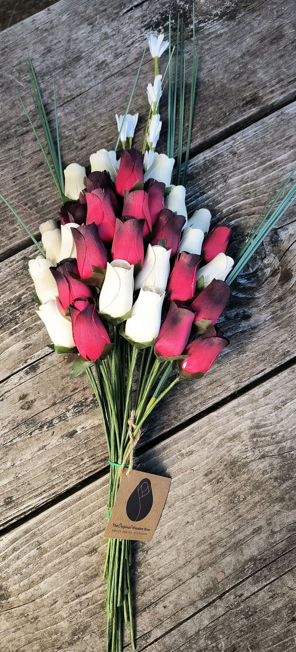 Everyday Wooden Rose Bouquet – Red, Black-Tipped & White