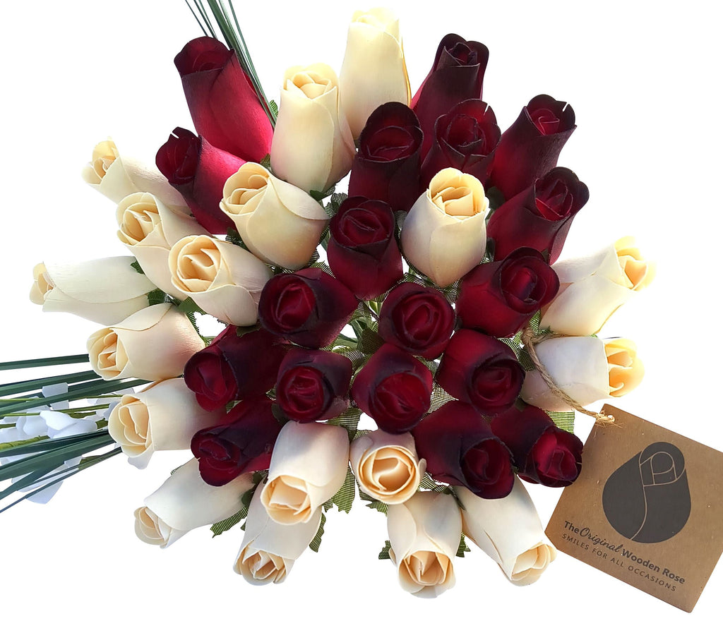 Everyday Wooden Rose Bouquet – Red, Black-Tipped & White