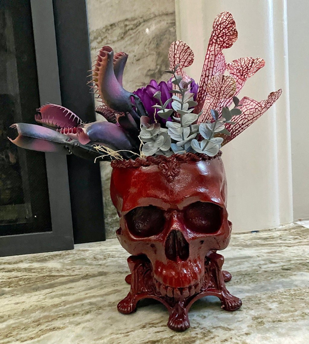 Human Skull Planter | Blood Red Finish