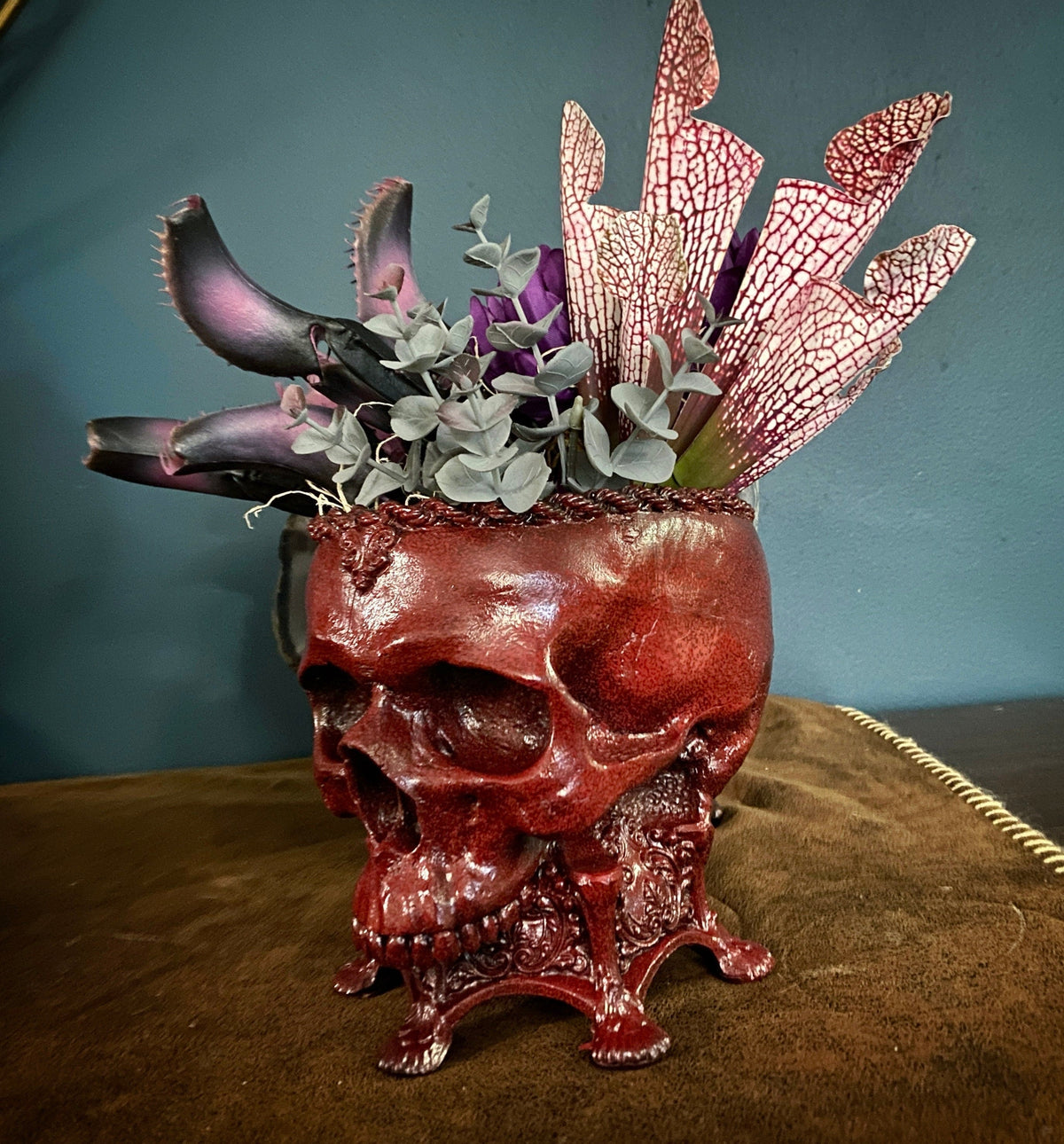 Human Skull Planter | Blood Red Finish