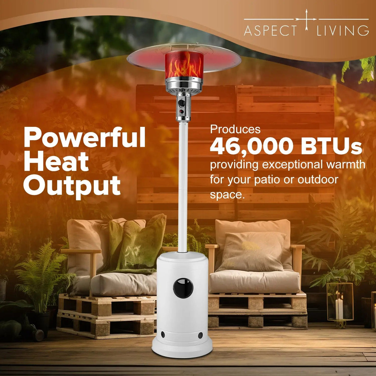 67132 Matte White Finish Patio Heater with Wheels 46,000 BTU