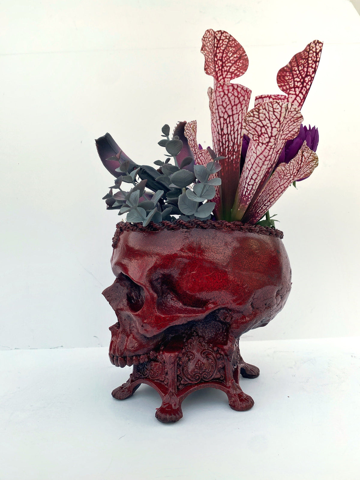 Human Skull Planter | Blood Red Finish