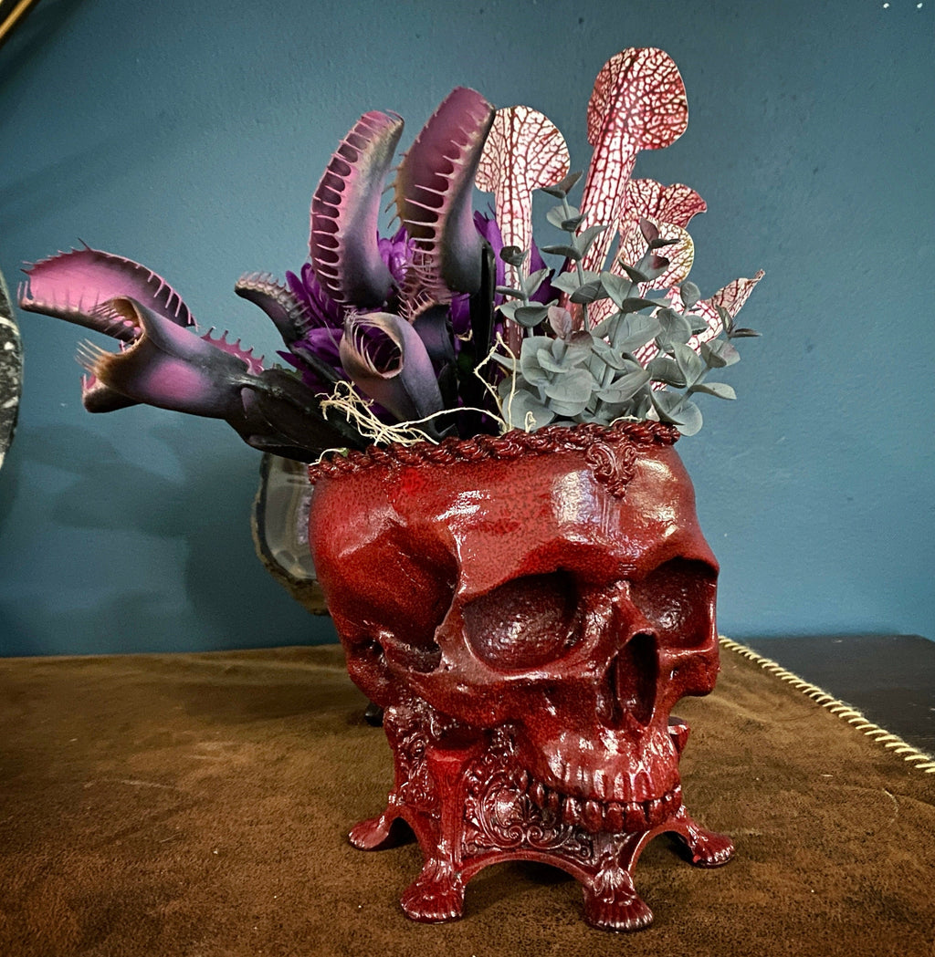 Human Skull Planter | Blood Red Finish