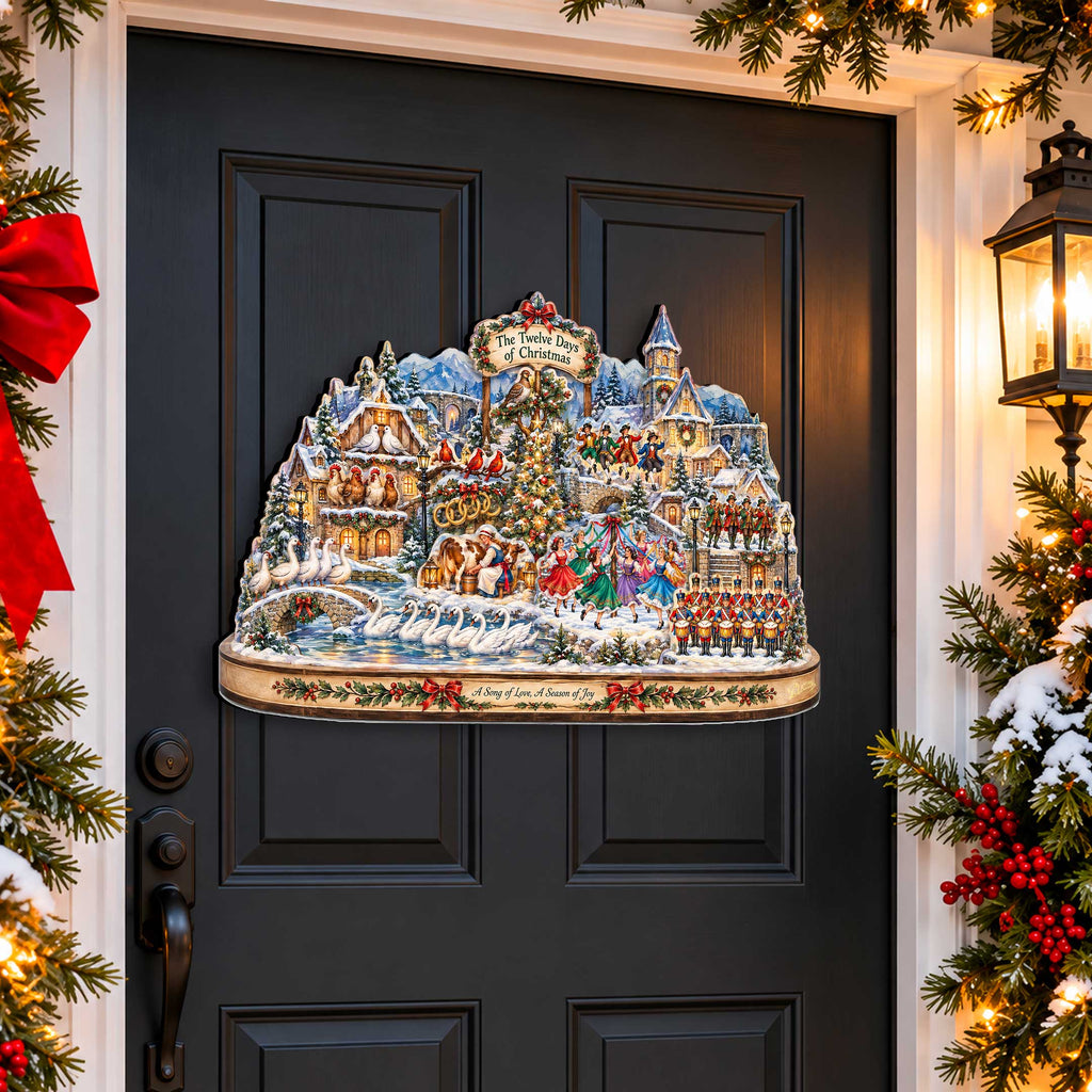 Twelve Days of Christmas Village Wooden Door Hanger