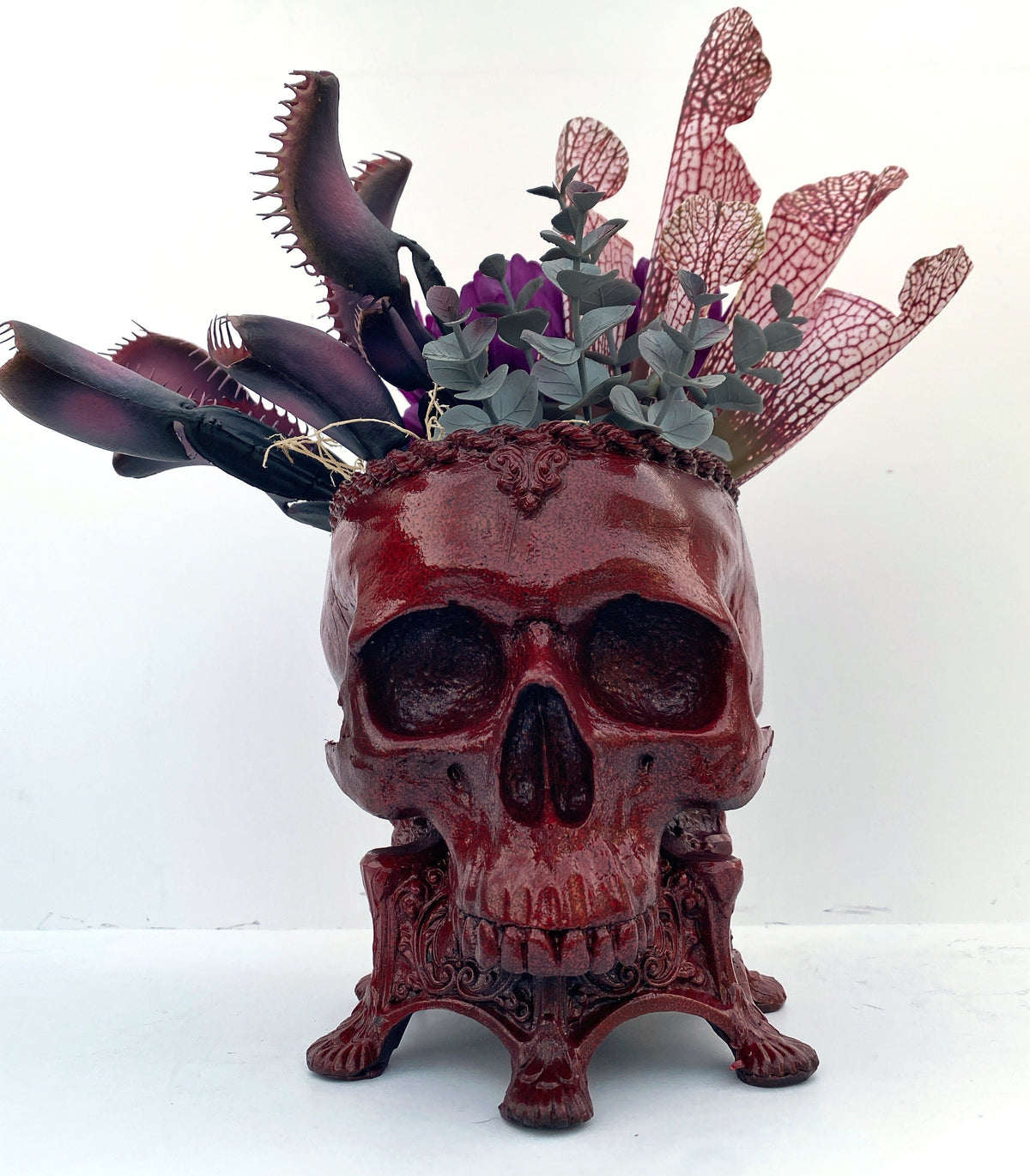 Human Skull Planter | Blood Red Finish