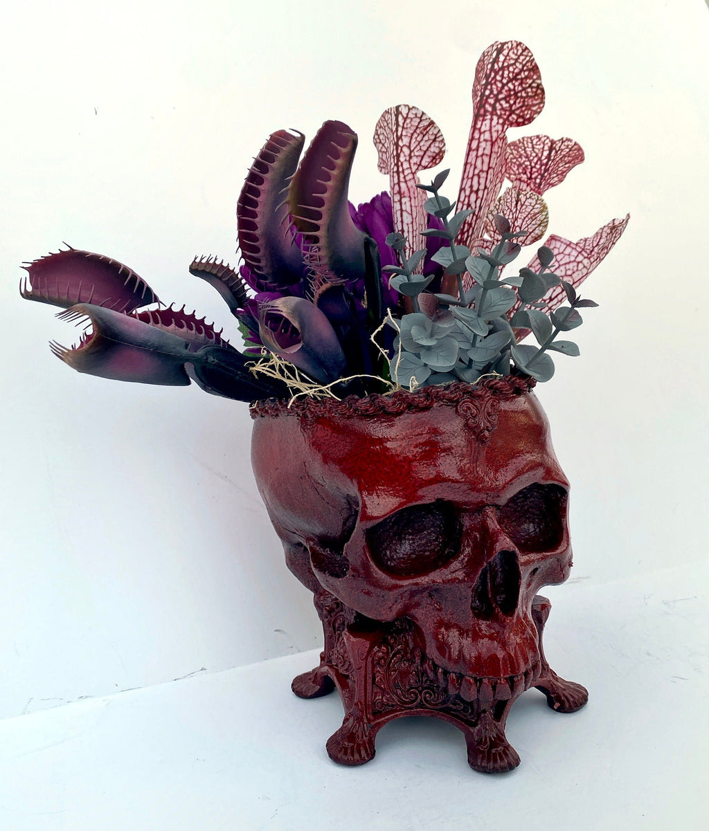 Human Skull Planter | Blood Red Finish