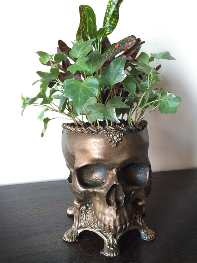 Human Skull Planter | Bronze Finish