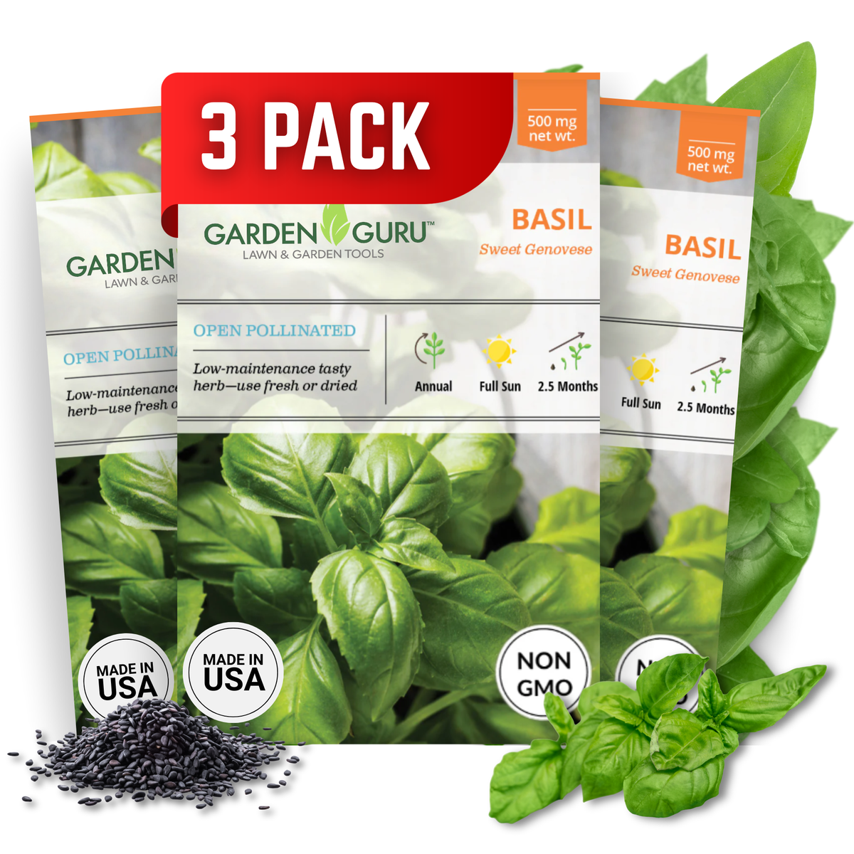 Genovese Sweet Basil Seeds 3-Pack - Non-GMO