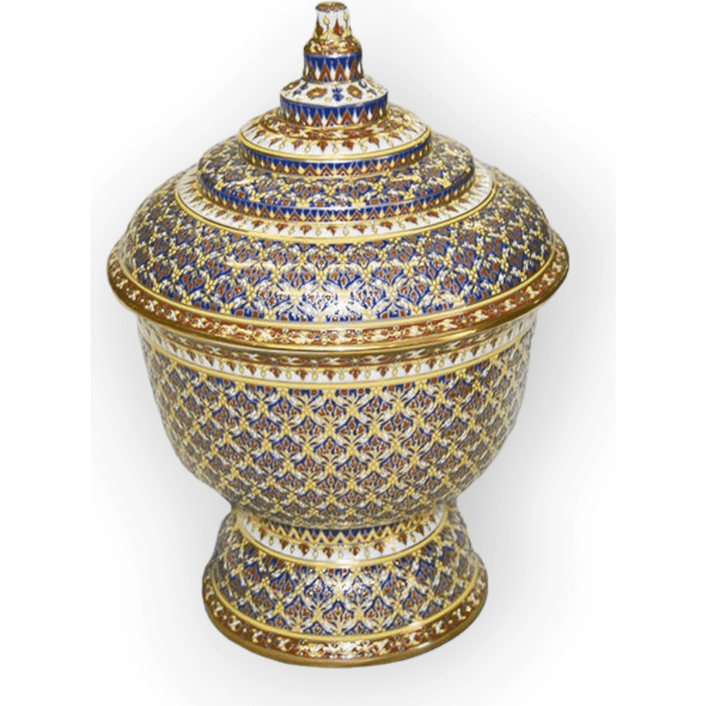 Thai Benjarong Royal Blue & Gold Covered Porcelain Bowl