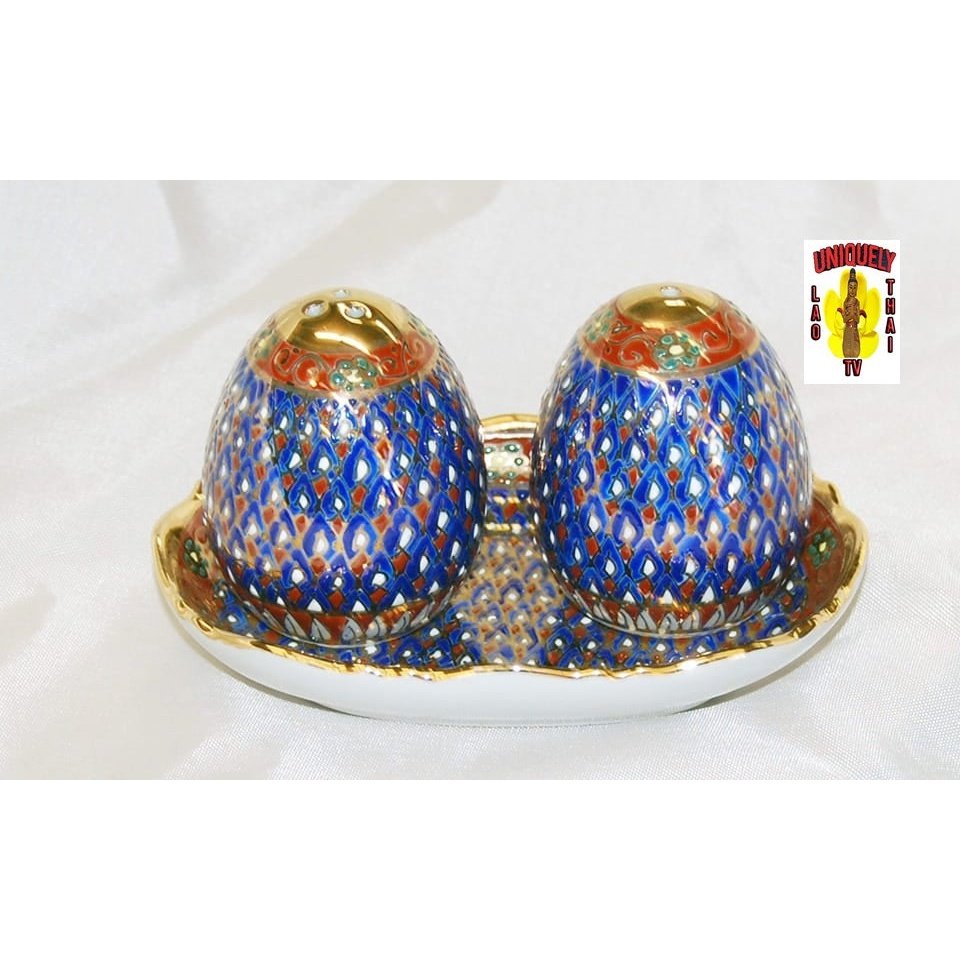Thai Benjarong Hand-Painted Porcelain Salt & Pepper Set