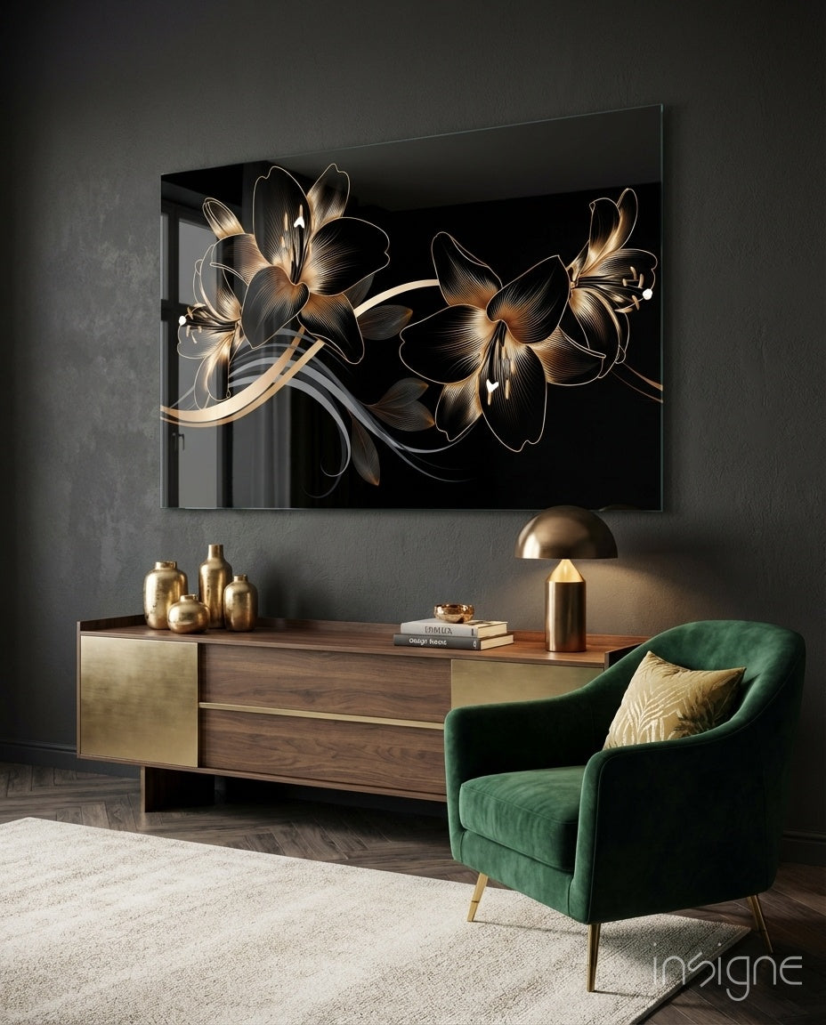 Golden Black Lily | Tempered Glass Wall Art