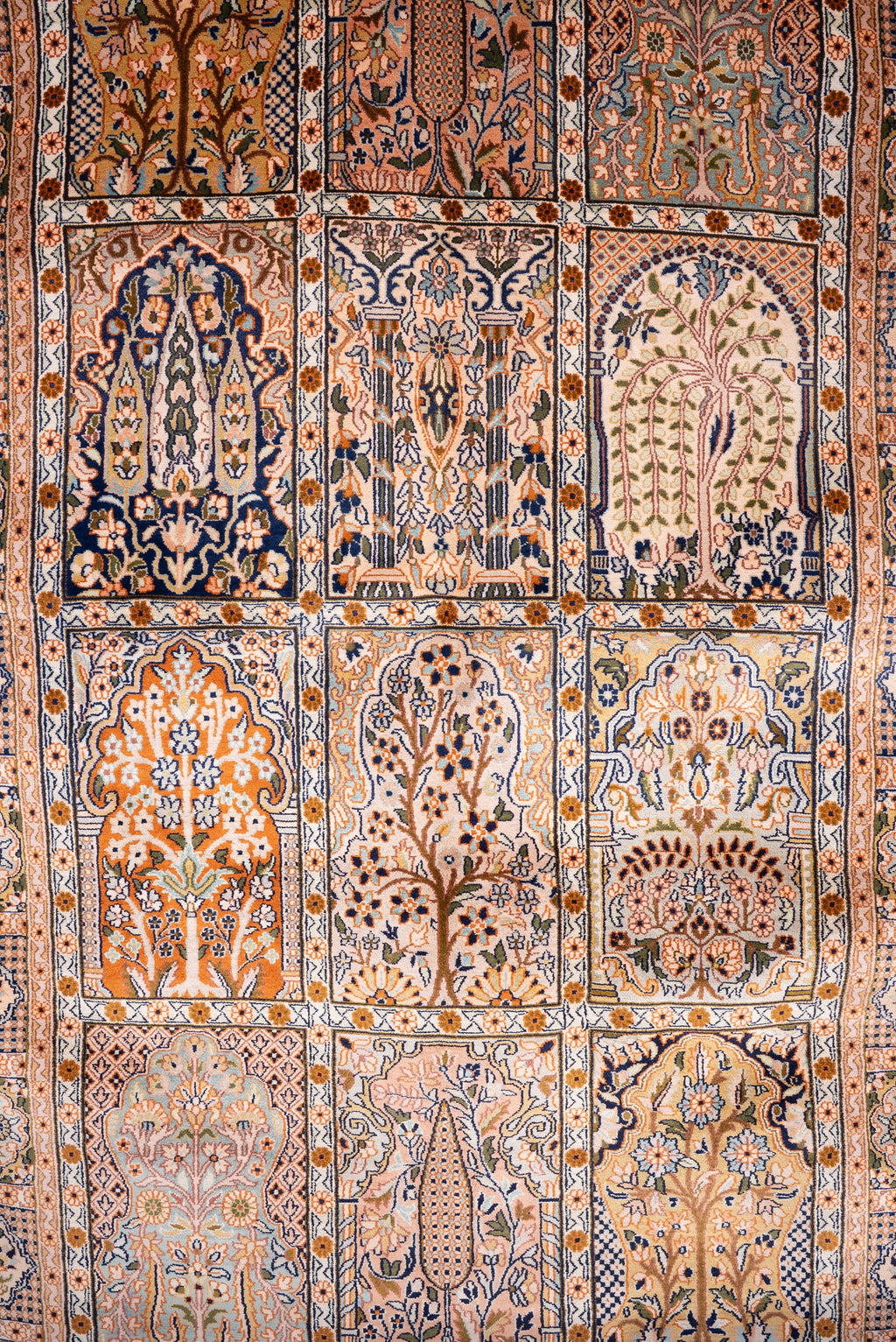 5ft x 3ft Classic Garden Panel Tapestry: Hand Knotted Mulberry silk on silk Kashmiri Carpet