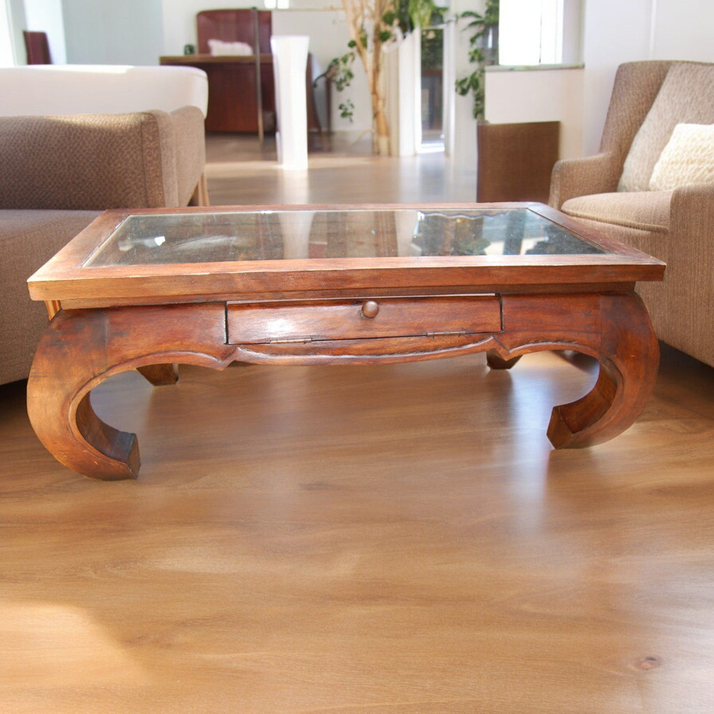 Northern Thai Opium-Style Coffee Table | Solid Wood & Glass