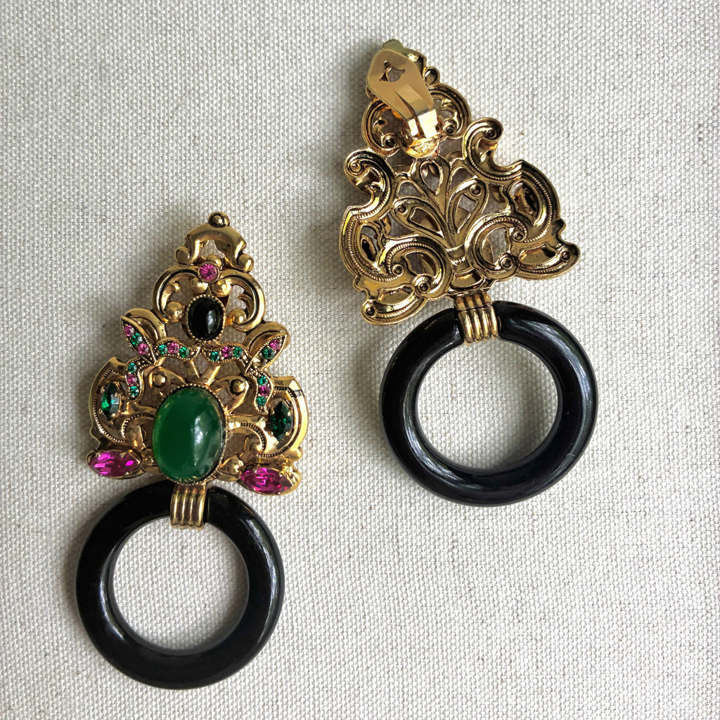 Vintage Italian Ornate Black Hoop Earrings