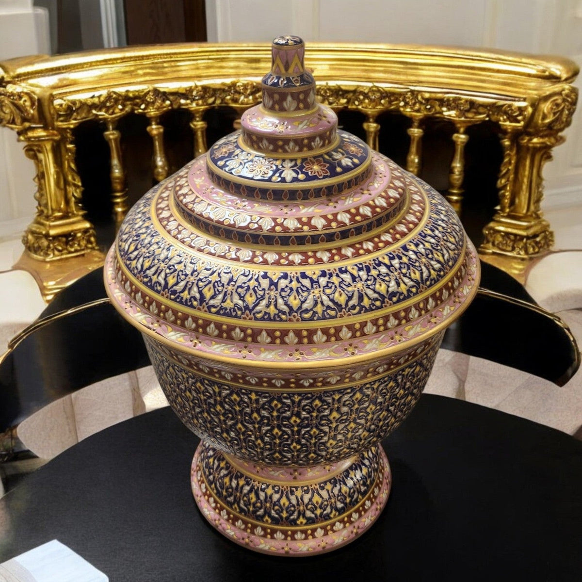 Thai Benjarong Royal Blue & Gold Covered Porcelain Bowl