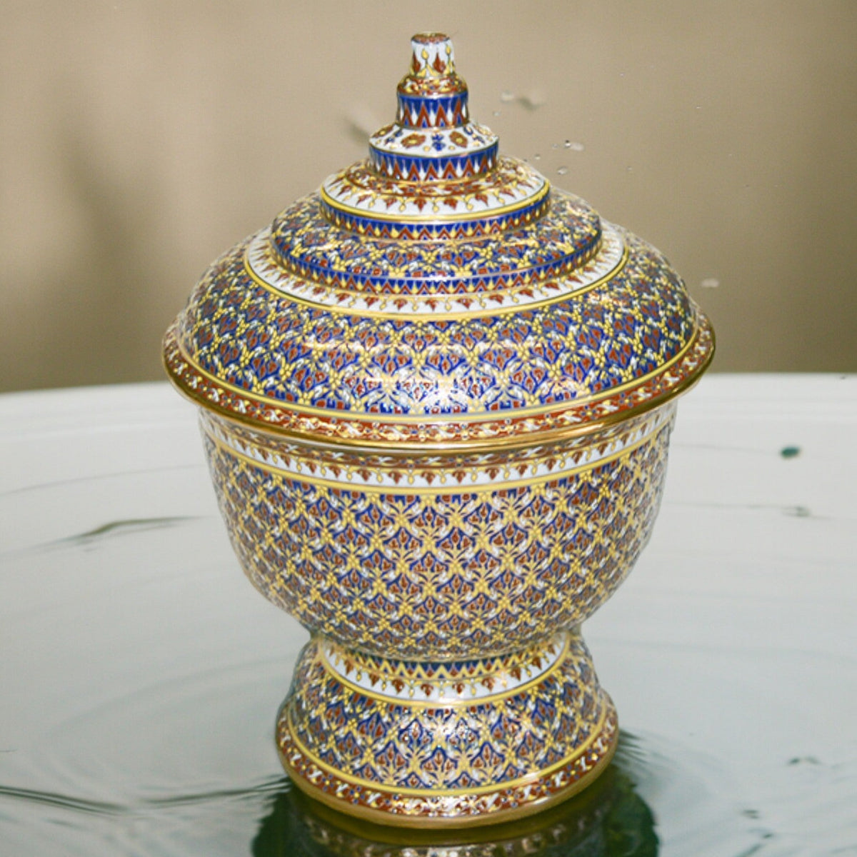Thai Benjarong Royal Blue & Gold Covered Porcelain Bowl